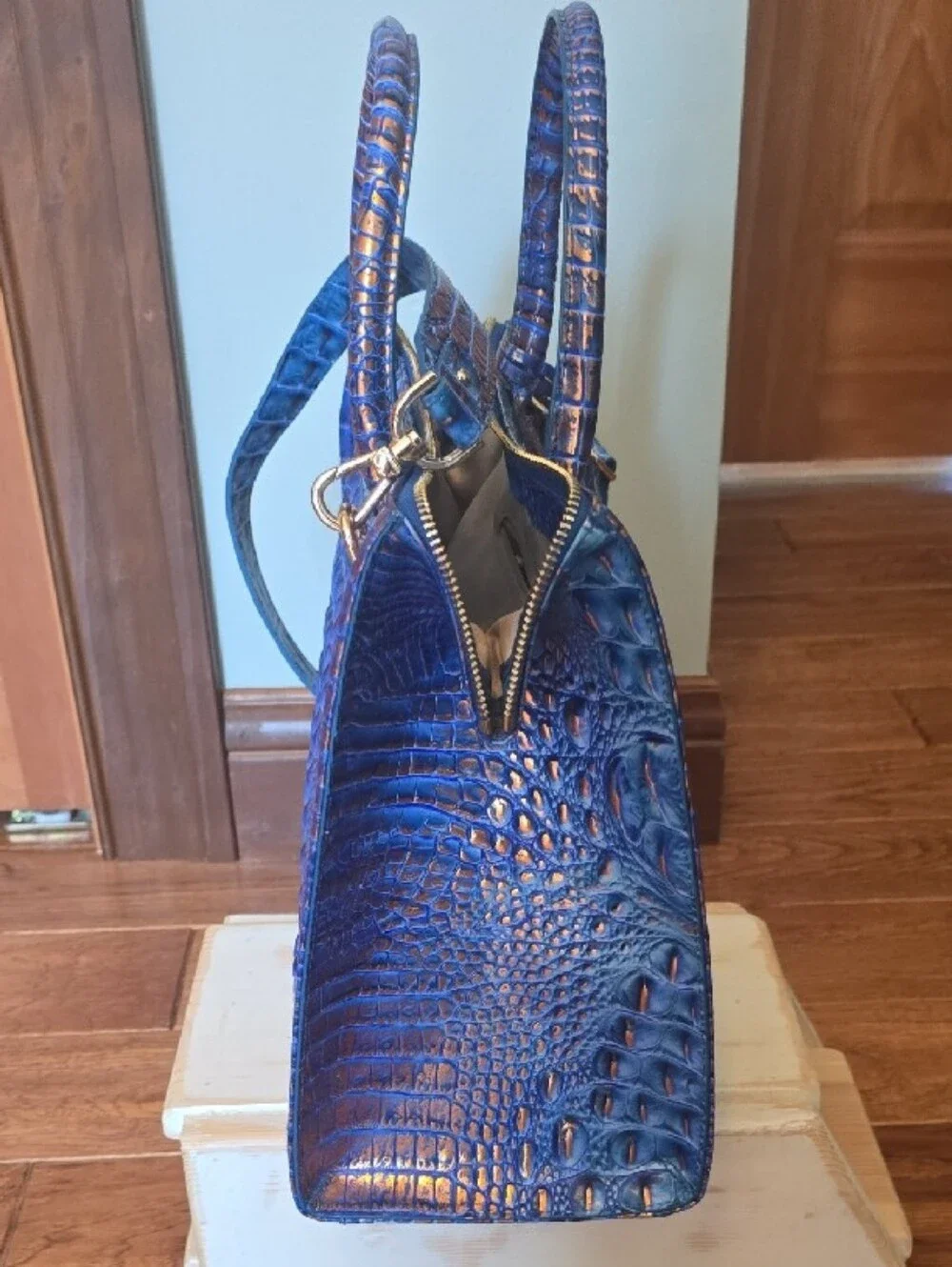 Blue Croc-Embossed Structured Tote Bag